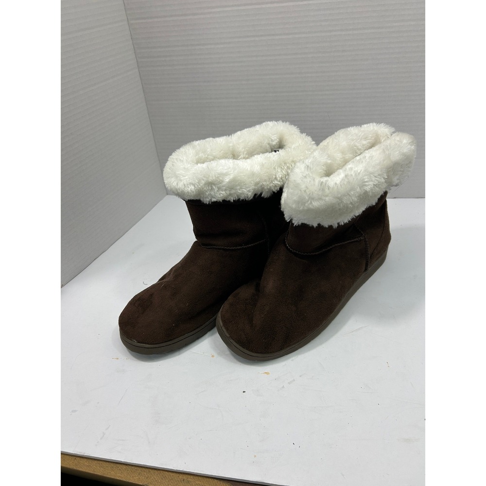 DAWGS Solid Microfiber Ankle Boots 10 Brown Faux Fur Trim Cozy Cabin Winter Snow
